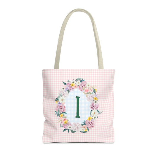 Colorful Floral Tote Bag with Initial and Cute Gingham Pattern, Pink and Green Tote Bag for Daughter or Sorority Sister, Birthday Gift: I - BIG FRENCHIES