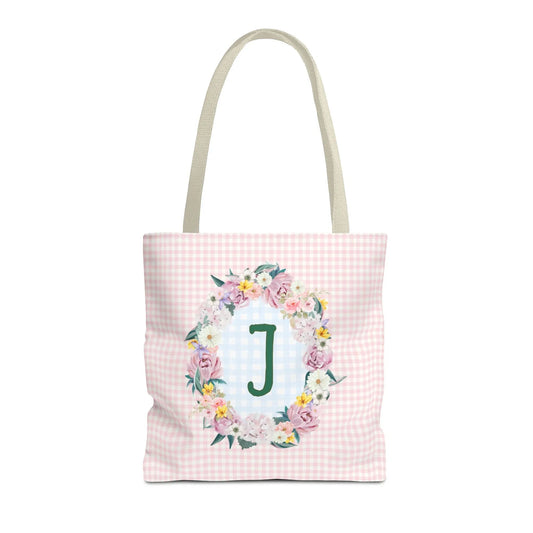 Colorful Floral Tote Bag with Initial and Cute Gingham Pattern, Pink and Green Tote Bag for Daughter or Sorority Sister, Birthday Gift: J - BIG FRENCHIES