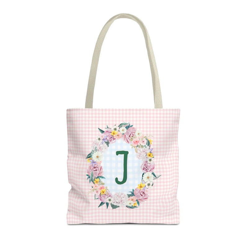 Colorful Floral Tote Bag with Initial and Cute Gingham Pattern, Pink and Green Tote Bag for Daughter or Sorority Sister, Birthday Gift: J - BIG FRENCHIES