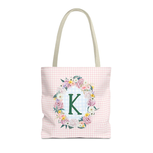 Colorful Floral Tote Bag with Initial and Cute Gingham Pattern, Pink and Green Tote Bag for Daughter or Sorority Sister, Birthday Gift: K - BIG FRENCHIES