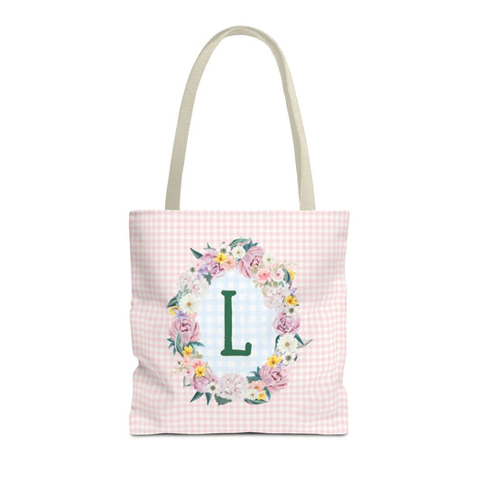 Colorful Floral Tote Bag with Initial and Cute Gingham Pattern, Pink and Green Tote Bag for Daughter or Sorority Sister, Birthday Gift: L - BIG FRENCHIES