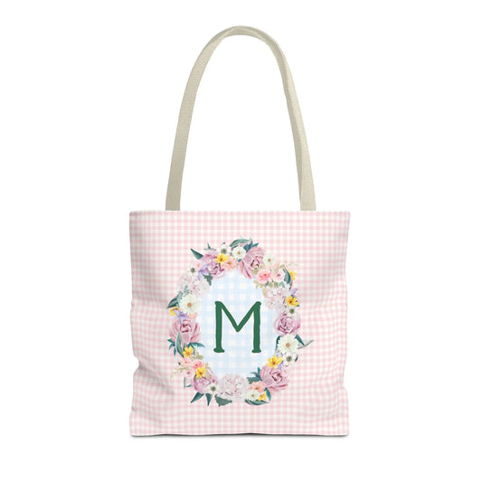 Colorful Floral Tote Bag with Initial and Cute Gingham Pattern, Pink and Green Tote Bag for Daughter or Sorority Sister, Birthday Gift: M - BIG FRENCHIES