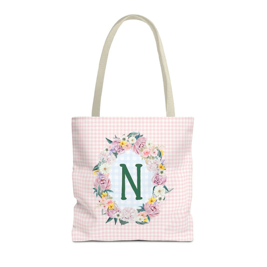 Colorful Floral Tote Bag with Initial and Cute Gingham Pattern, Pink and Green Tote Bag for Daughter or Sorority Sister, Birthday Gift: N - BIG FRENCHIES