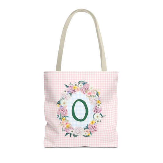 Colorful Floral Tote Bag with Initial and Cute Gingham Pattern, Pink and Green Tote Bag for Daughter or Sorority Sister, Birthday Gift: O - BIG FRENCHIES