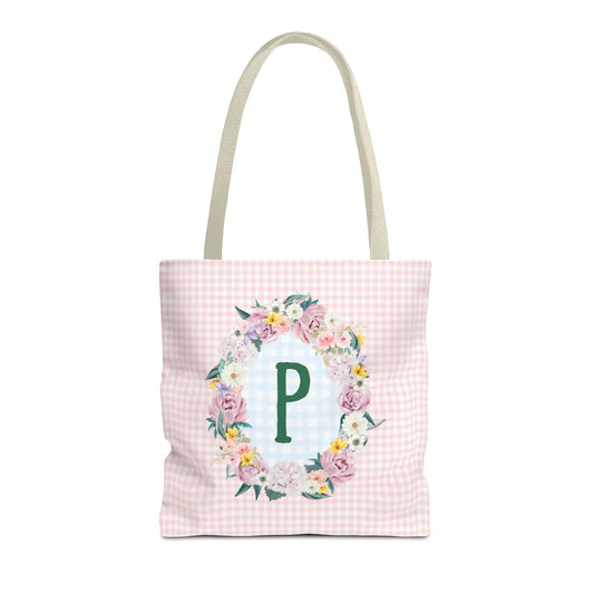 Colorful Floral Tote Bag with Initial and Cute Gingham Pattern, Pink and Green Tote Bag for Daughter or Sorority Sister, Birthday Gift: P - BIG FRENCHIES