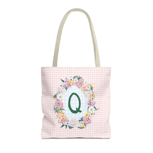 Colorful Floral Tote Bag with Initial and Cute Gingham Pattern, Pink and Green Tote Bag for Daughter or Sorority Sister, Birthday Gift: Q - BIG FRENCHIES
