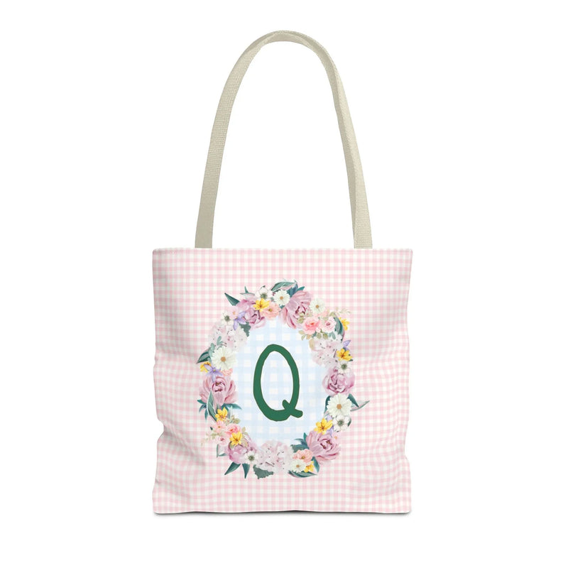 Colorful Floral Tote Bag with Initial and Cute Gingham Pattern, Pink and Green Tote Bag for Daughter or Sorority Sister, Birthday Gift: Q - BIG FRENCHIES