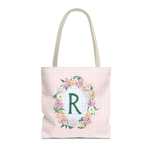 Colorful Floral Tote Bag with Initial and Cute Gingham Pattern, Pink and Green Tote Bag for Daughter or Sorority Sister, Birthday Gift: R - BIG FRENCHIES
