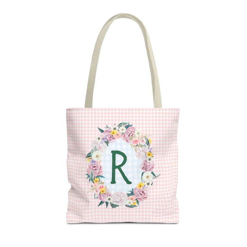 Colorful Floral Tote Bag with Initial and Cute Gingham Pattern, Pink and Green Tote Bag for Daughter or Sorority Sister, Birthday Gift: R - BIG FRENCHIES