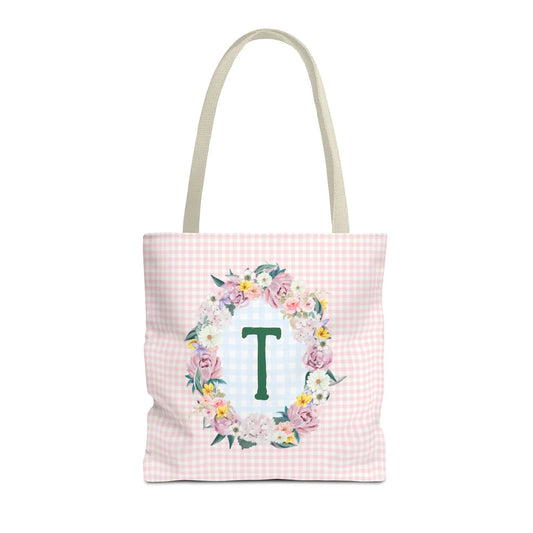 Colorful Floral Tote Bag with Initial and Cute Gingham Pattern, Pink and Green Tote Bag for Daughter or Sorority Sister, Birthday Gift: T - BIG FRENCHIES