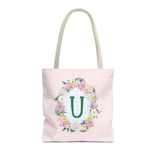Colorful Floral Tote Bag with Initial and Cute Gingham Pattern, Pink and Green Tote Bag for Daughter or Sorority Sister, Birthday Gift: U - BIG FRENCHIES