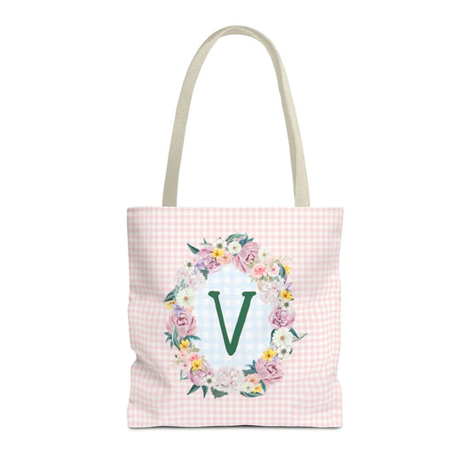 Colorful Floral Tote Bag with Initial and Cute Gingham Pattern, Pink and Green Tote Bag for Daughter or Sorority Sister, Birthday Gift: V - BIG FRENCHIES