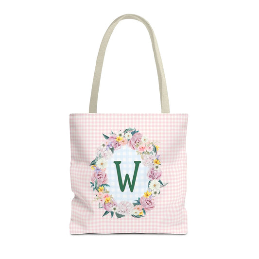 Colorful Floral Tote Bag with Initial and Cute Gingham Pattern, Pink and Green Tote Bag for Daughter or Sorority Sister, Birthday Gift: W - BIG FRENCHIES