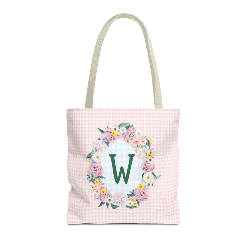 Colorful Floral Tote Bag with Initial and Cute Gingham Pattern, Pink and Green Tote Bag for Daughter or Sorority Sister, Birthday Gift: W - BIG FRENCHIES