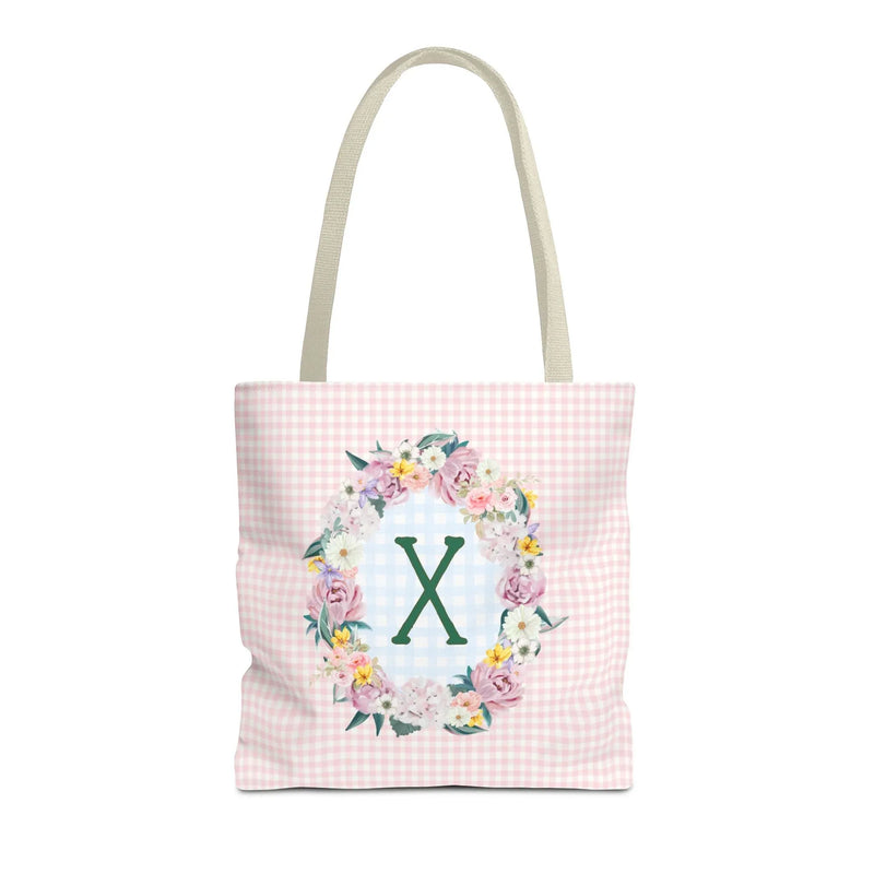 Colorful Floral Tote Bag with Initial and Cute Gingham Pattern, Pink and Green Tote Bag for Daughter or Sorority Sister, Birthday Gift: X - BIG FRENCHIES