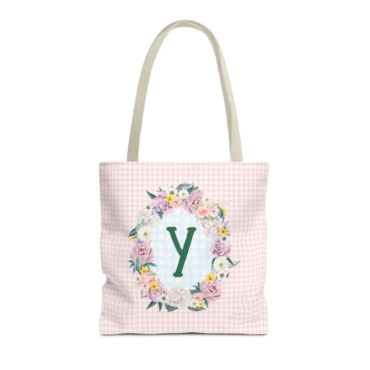 Colorful Floral Tote Bag with Initial and Cute Gingham Pattern, Pink and Green Tote Bag for Daughter or Sorority Sister, Birthday Gift: Y - BIG FRENCHIES