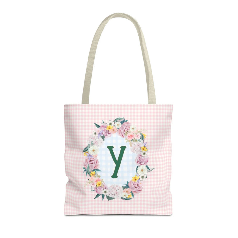 Colorful Floral Tote Bag with Initial and Cute Gingham Pattern, Pink and Green Tote Bag for Daughter or Sorority Sister, Birthday Gift: Y - BIG FRENCHIES