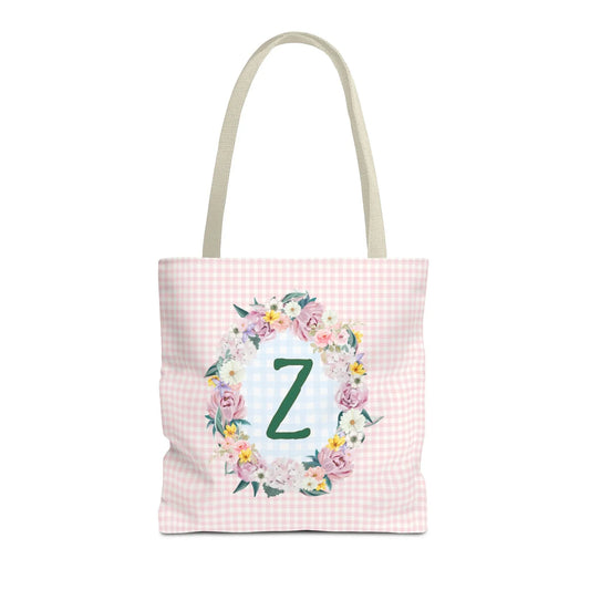 Colorful Floral Tote Bag with Initial and Cute Gingham Pattern, Pink and Green Tote Bag for Daughter or Sorority Sister, Birthday Gift: Z - BIG FRENCHIES