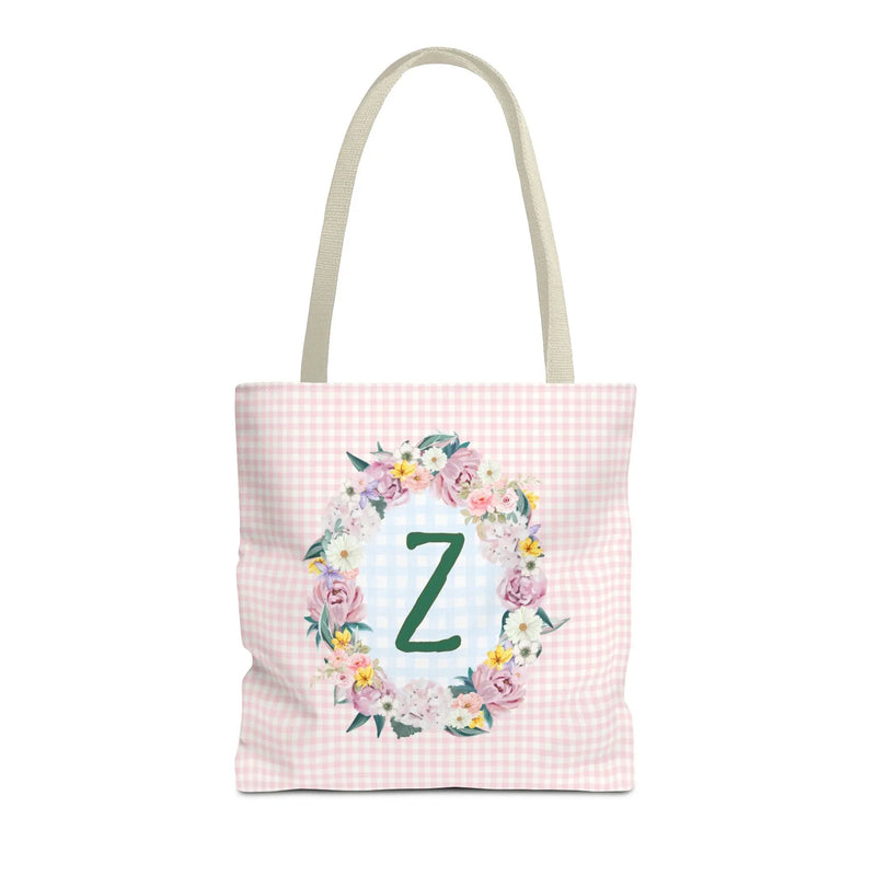 Colorful Floral Tote Bag with Initial and Cute Gingham Pattern, Pink and Green Tote Bag for Daughter or Sorority Sister, Birthday Gift: Z - BIG FRENCHIES