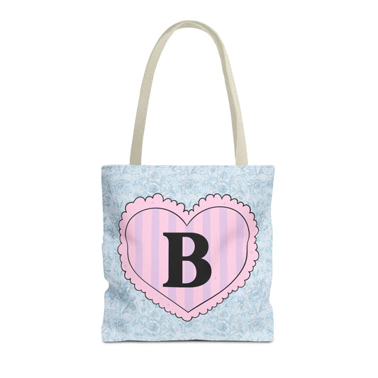Colorful Plaid Tote Bag with Initial for Best Friend or Sister, Cute Striped Floral Tote Bag with Heart, Tote Bag with Letter: B - BIG FRENCHIES