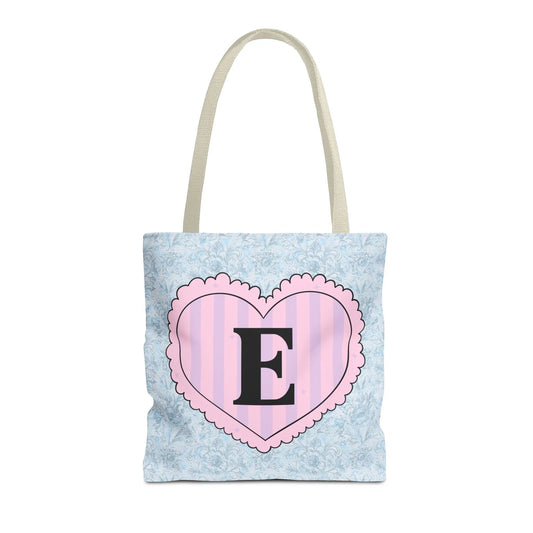 Colorful Plaid Tote Bag with Initial for Best Friend or Sister, Cute Striped Floral Tote Bag with Heart, Tote Bag with Letter: E - BIG FRENCHIES