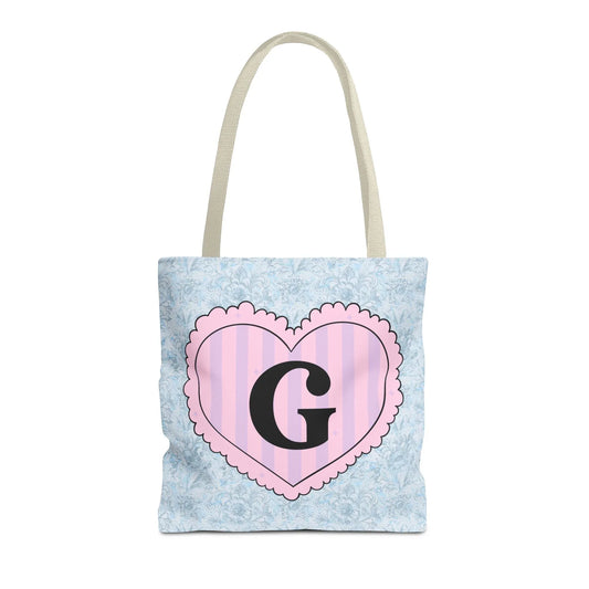 Colorful Plaid Tote Bag with Initial for Best Friend or Sister, Cute Striped Floral Tote Bag with Heart, Tote Bag with Letter: G - BIG FRENCHIES