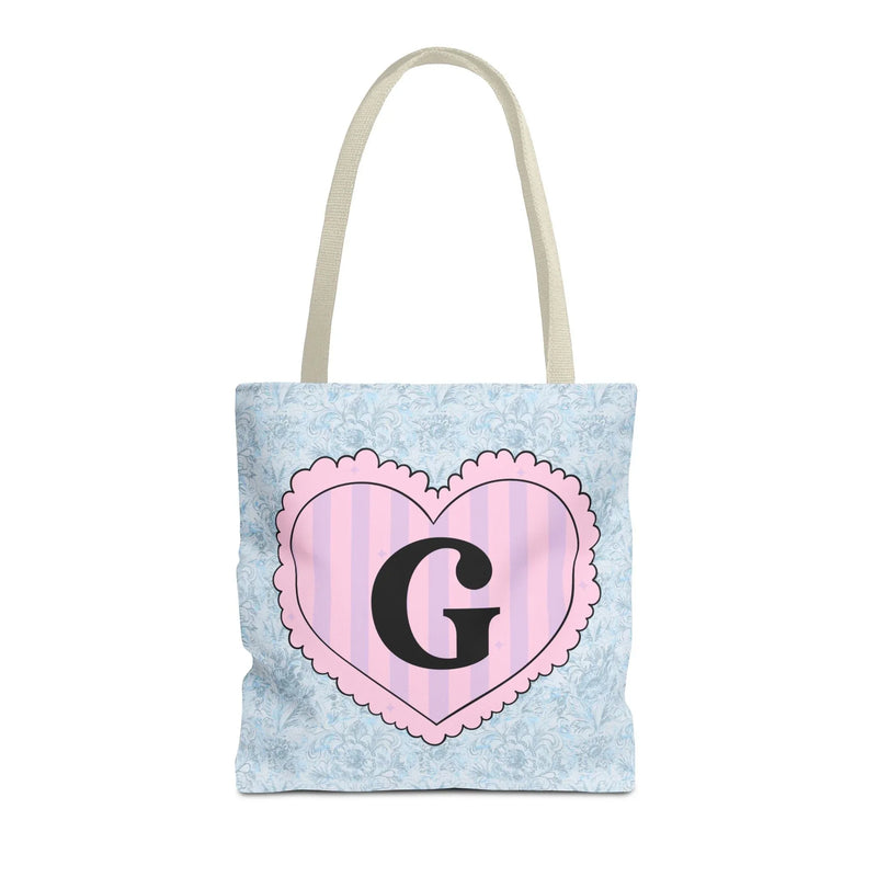 Colorful Plaid Tote Bag with Initial for Best Friend or Sister, Cute Striped Floral Tote Bag with Heart, Tote Bag with Letter: G - BIG FRENCHIES