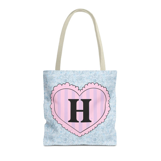 Colorful Plaid Tote Bag with Initial for Best Friend or Sister, Cute Striped Floral Tote Bag with Heart, Tote Bag with Letter: H - BIG FRENCHIES