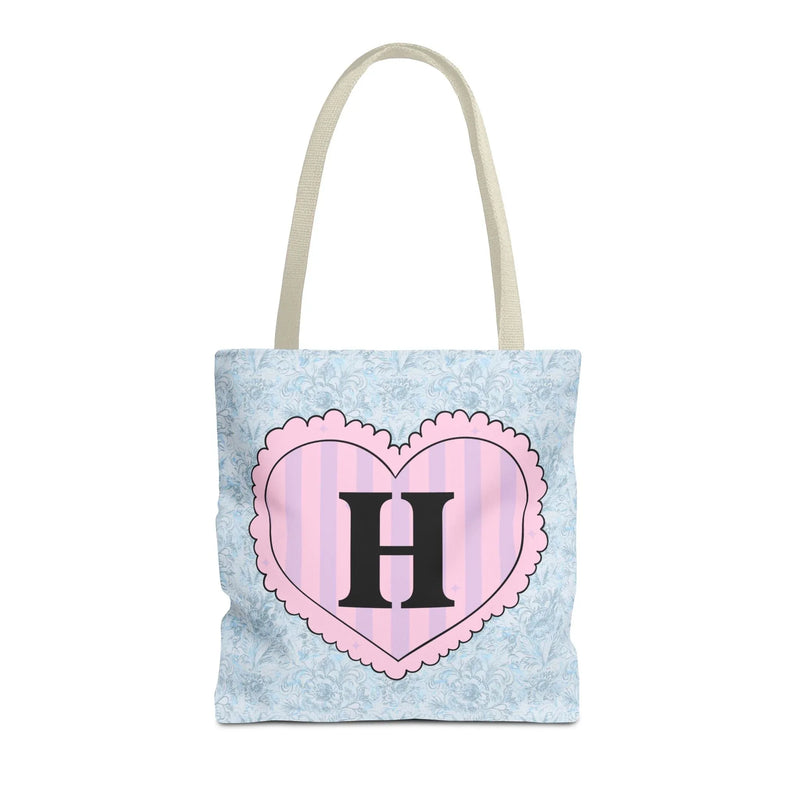 Colorful Plaid Tote Bag with Initial for Best Friend or Sister, Cute Striped Floral Tote Bag with Heart, Tote Bag with Letter: H - BIG FRENCHIES