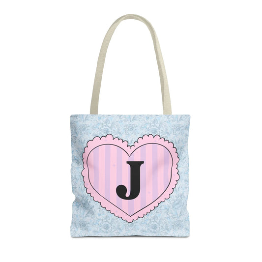 Colorful Plaid Tote Bag with Initial for Best Friend or Sister, Cute Striped Floral Tote Bag with Heart, Tote Bag with Letter: J - BIG FRENCHIES