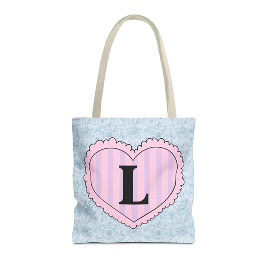 Colorful Plaid Tote Bag with Initial for Best Friend or Sister, Cute Striped Floral Tote Bag with Heart, Tote Bag with Letter: L - BIG FRENCHIES