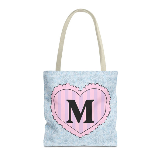 Colorful Plaid Tote Bag with Initial for Best Friend or Sister, Cute Striped Floral Tote Bag with Heart, Tote Bag with Letter: M - BIG FRENCHIES