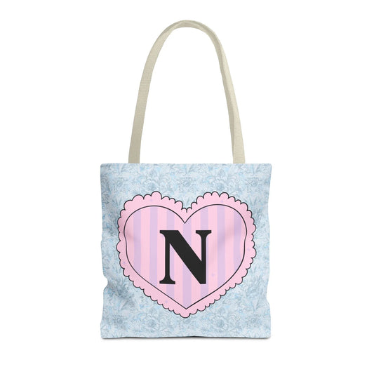 Colorful Plaid Tote Bag with Initial for Best Friend or Sister, Cute Striped Floral Tote Bag with Heart, Tote Bag with Letter: N - BIG FRENCHIES