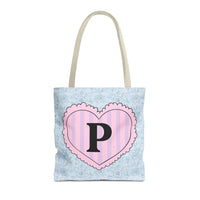 Colorful Plaid Tote Bag with Initial for Best Friend or Sister, Cute Striped Floral Tote Bag with Heart, Tote Bag with Letter: P