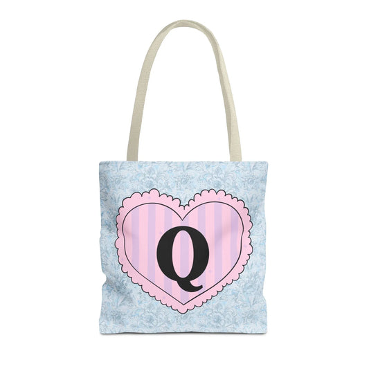 Colorful Plaid Tote Bag with Initial for Best Friend or Sister, Cute Striped Floral Tote Bag with Heart, Tote Bag with Letter: Q - BIG FRENCHIES