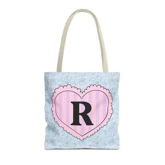 Colorful Plaid Tote Bag with Initial for Best Friend or Sister, Cute Striped Floral Tote Bag with Heart, Tote Bag with Letter: R - BIG FRENCHIES