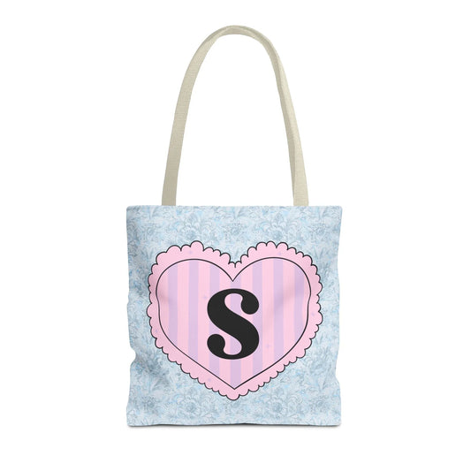 Colorful Plaid Tote Bag with Initial for Best Friend or Sister, Cute Striped Floral Tote Bag with Heart, Tote Bag with Letter: S - BIG FRENCHIES