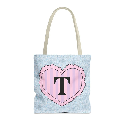 Colorful Plaid Tote Bag with Initial for Best Friend or Sister, Cute Striped Floral Tote Bag with Heart, Tote Bag with Letter: T - BIG FRENCHIES