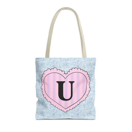 Colorful Plaid Tote Bag with Initial for Best Friend or Sister, Cute Striped Floral Tote Bag with Heart, Tote Bag with Letter: U - BIG FRENCHIES