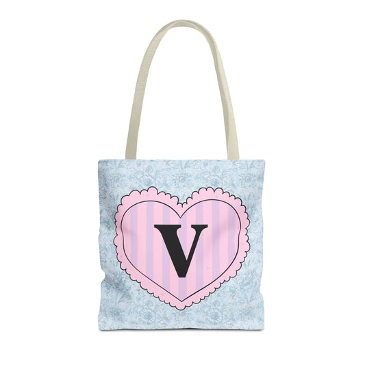 Colorful Plaid Tote Bag with Initial for Best Friend or Sister, Cute Striped Floral Tote Bag with Heart, Tote Bag with Letter: V - BIG FRENCHIES