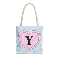 Colorful Plaid Tote Bag with Initial for Best Friend or Sister, Cute Striped Floral Tote Bag with Heart, Tote Bag with Letter: Y