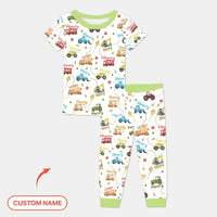 Construction Vehicles Custom Name Bamboo Two Piece Short Sleeve Pajama Set