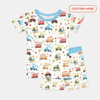 Construction Vehicles Custom Name Bamboo Two Piece Short Sleeve Shorts Pajama Set