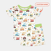 Construction Vehicles Custom Name Bamboo Two Piece Short Sleeve Shorts Pajama Set