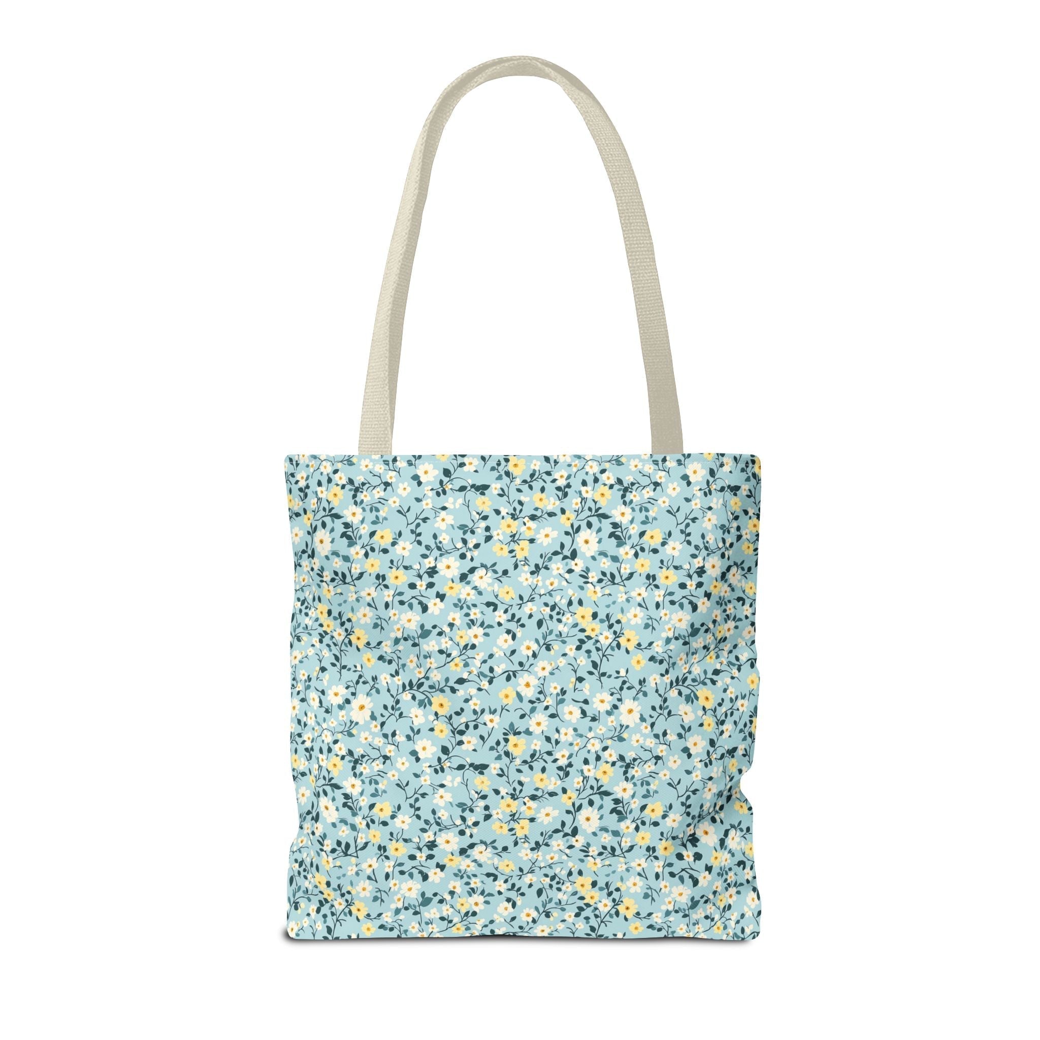 Custom Gingham Initial Tote Bag with Blue and Yellow Flowers, Cute Blue Gingham Pattern, Wildflower Retro Aesthetic Tote Bag with Letter: E