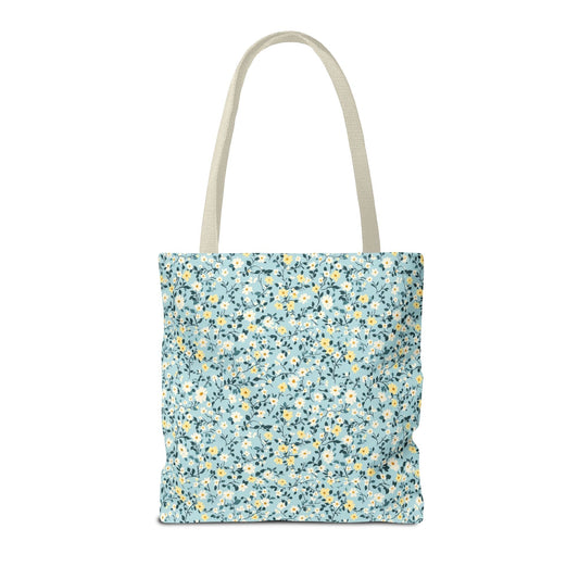 Custom Gingham Initial Tote Bag with Blue and Yellow Flowers, Cute Blue Gingham Pattern, Wildflower Retro Aesthetic Tote Bag with Letter: E
