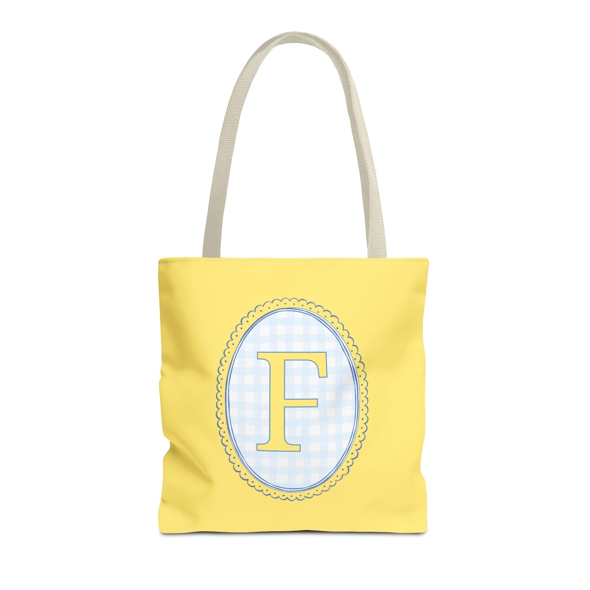 Custom Gingham Initial Tote Bag with Blue and Yellow Flowers, Cute Blue Gingham Pattern, Wildflower Retro Aesthetic Tote Bag with Letter: E