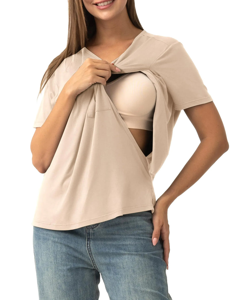 SUNNYBUY Womens Nursing Tops Breastfeeding Cover Short Sleeves Maternity Tee Shirts Double Layer Postpartum Clothes Apricot S - # BAGE211510125-NURSG - BIG FRENCHIES