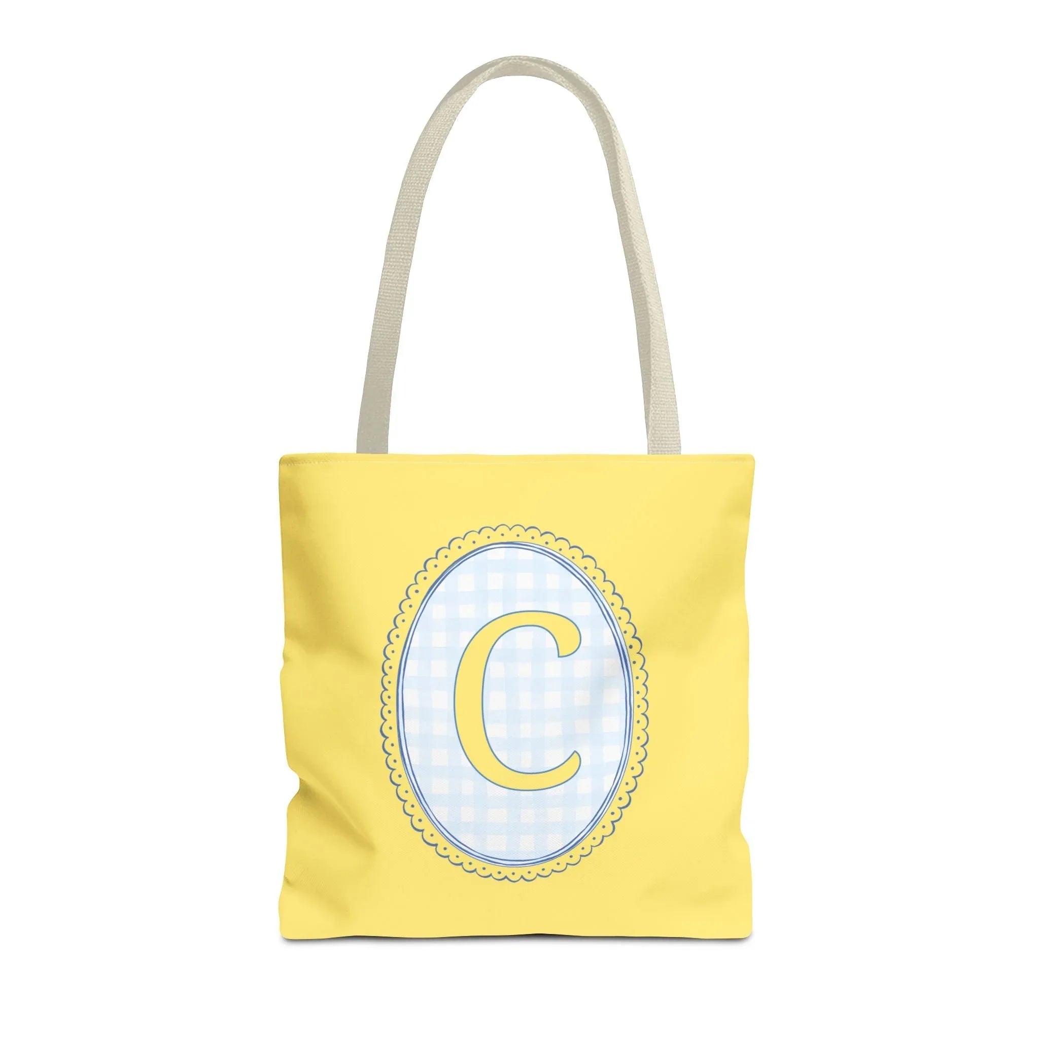 Custom Gingham Initial Tote Bag with Blue and Yellow Flowers, Cute Blue Gingham Pattern, Wildflower Retro Aesthetic Tote Bag with Letter: C - BIG FRENCHIES