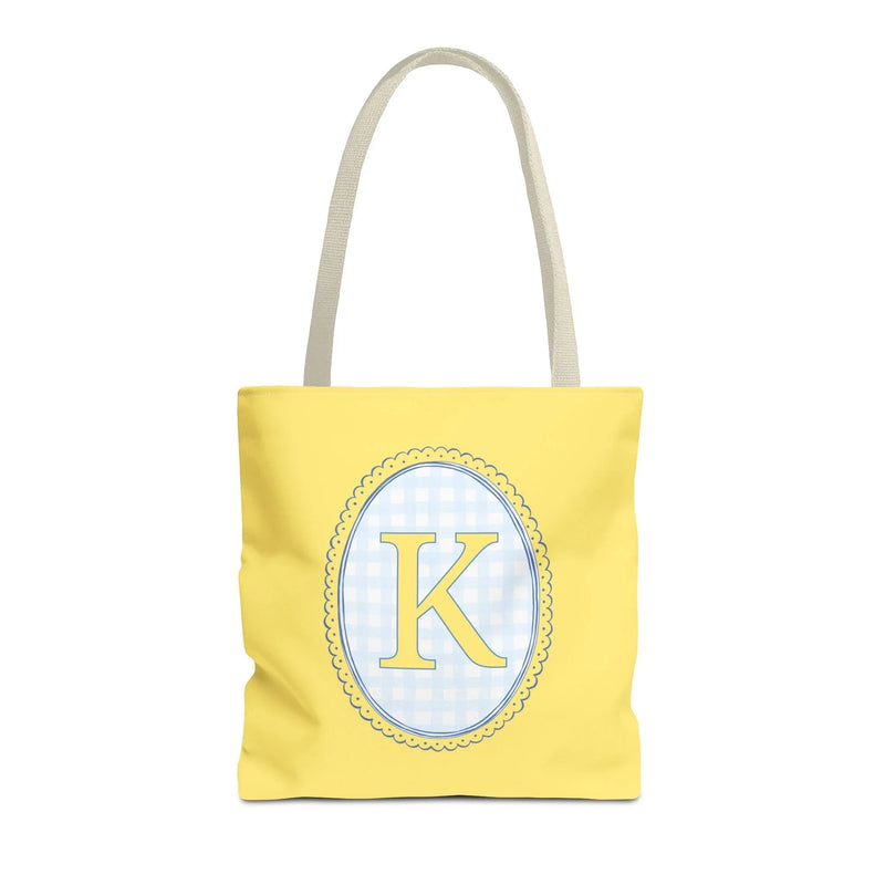 Custom Gingham Initial Tote Bag with Blue and Yellow Flowers, Cute Blue Gingham Pattern, Wildflower Retro Aesthetic Tote Bag with Letter: K - BIG FRENCHIES